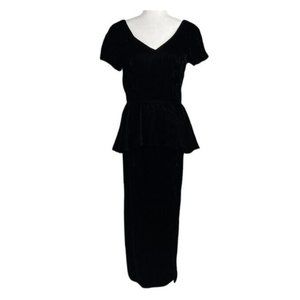 Vintage 80s Lady black velvet long sleeve peplum dress Side Slit Size 12